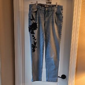 Vintage America Blue Skinny Jeans with Black Floral Design
